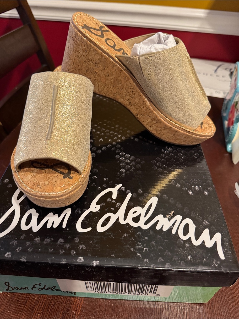 Sam Edelman Gold Glitter Cork Wedge Slide Sandals women’s size 5